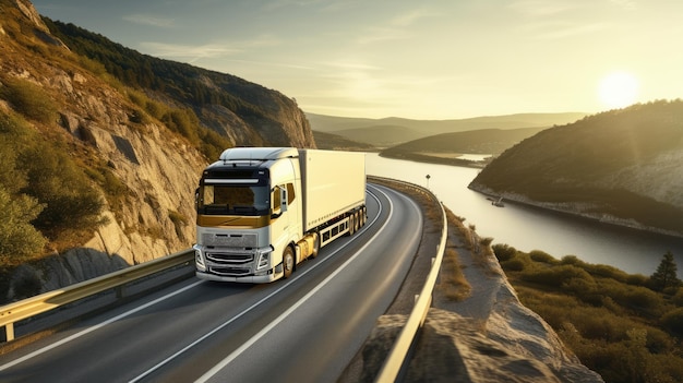 Wygenerowany przez AI obraz nowoczesnej dużej przyczepy jadącej pustą drogą o zachodzie słońca Firma logistyczna Transport towarowy Szybka dostawa