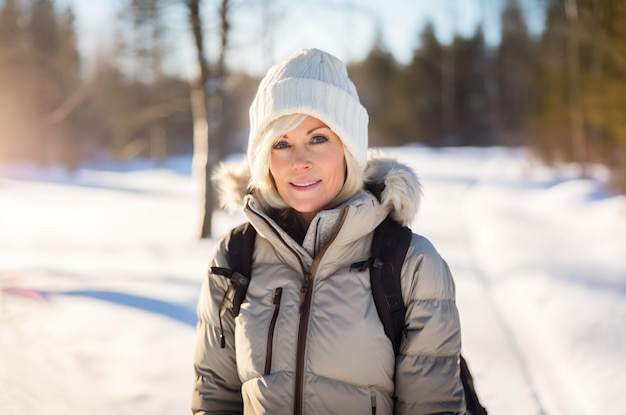 Wygenerowany przez AI obraz szczęśliwej dojrzałej kobiety na zimowej wędrówce Zdjęcie wysokiej jakości