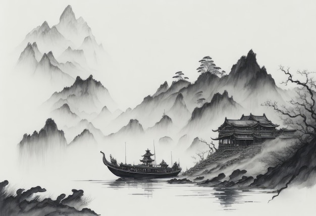 Wygenerowany przez sztuczną inteligencję chiński zwinięty zwój malarstwa atramentowego