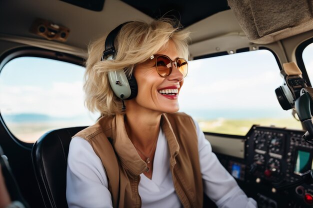 Wygenerowany przez sztuczną inteligencję obraz dojrzałej kobiety jako pilota samolotu Zdjęcie wysokiej jakości