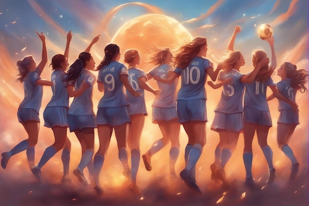 Wygenerowany przez sztuczną inteligencję obraz kobiecej drużyny piłkarskiej świętującej zwycięstwo