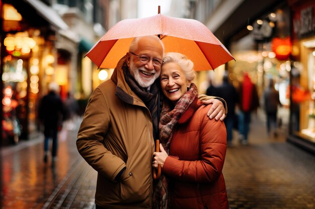 Wygenerowany przez sztuczną inteligencję obraz pary seniorów z parasolem na spacerze Zdjęcie wysokiej jakości