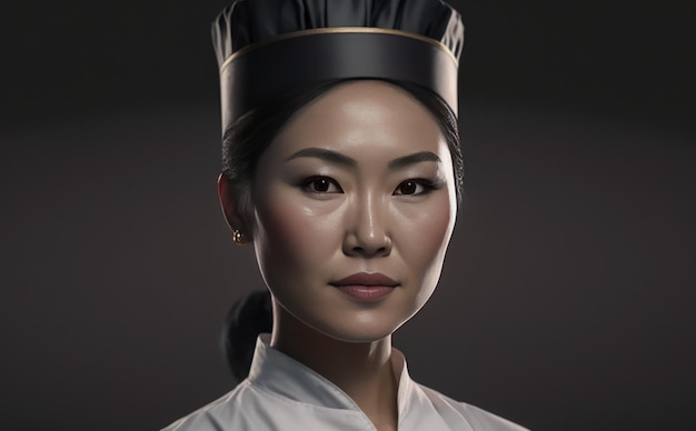 wygenerowany realistyczny portret azjatyckiej kobiety z czarnym kapeluszem szefa kuchni ai szefa kuchni