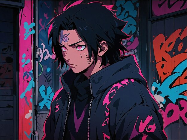 Zdjęcie wygeneruj obraz sasuke'a uchiha, mściciela z serii naruto, noszącego neonowy kaptur.