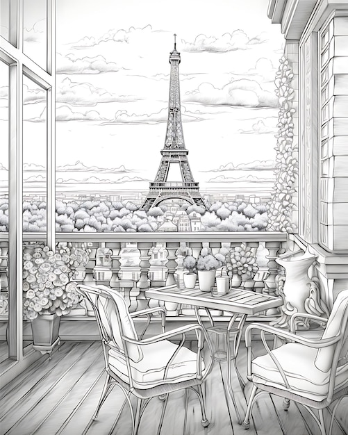 Wygląd balkonu na wieżę Eiffla w Paryżu Strony do malowania