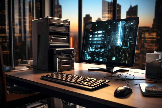 Zdjęcie wygląd komputera osobistego z stacją roboczą i artykułami biurowymi