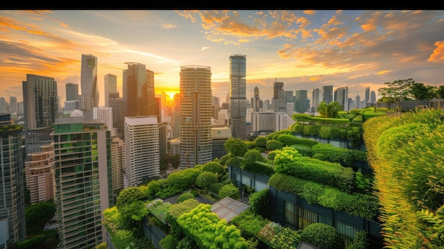 Wygląd na miasto w zmierzchu ozdobiony zielonymi dachami, uosobienie miejskiego ekoprojektu