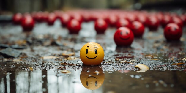 Wyglądy na Szczęśliwą i smutną śmieszną twarz żółte i czerwone plastikowe piłki w tłumie ilustracja renderowania 3D