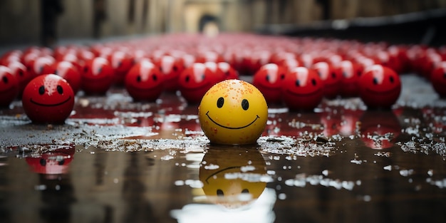 Wyglądy na Szczęśliwą i smutną śmieszną twarz żółte i czerwone plastikowe piłki w tłumie ilustracja renderowania 3D