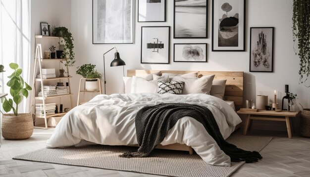 Wygodna elegancja w nowoczesnej sypialni z przytulnym designem generowanym przez AI