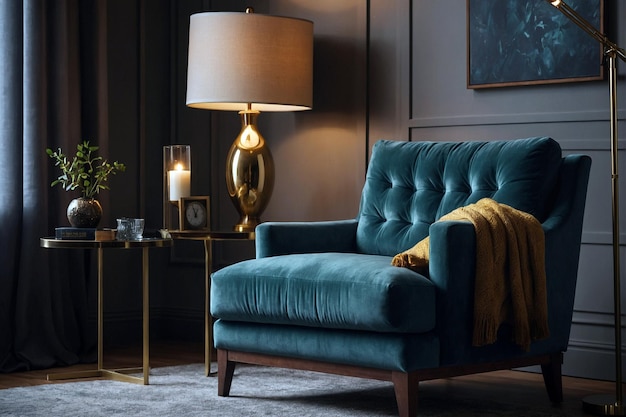 Wygodna nowoczesna kanapa luksusowe krzesło oświetlone lampą elektryczną