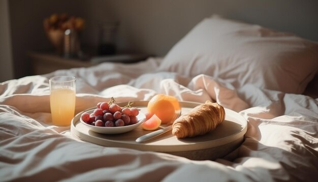 Wygodna pościel Świeży croissant i sok pomarańczowy generowany przez AI