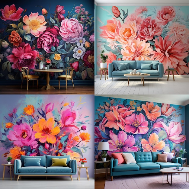 Wygodna ściana sofy z motywem kwiatowym, tapeta z tekstem Stylowe wnętrze salonu Obraz wygenerowany przez sztuczną inteligencję