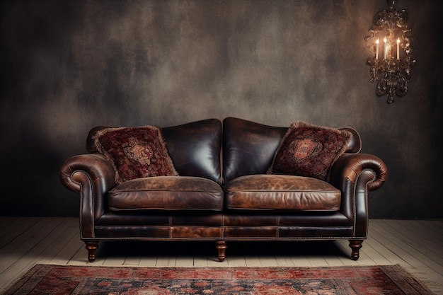 Wygodna staroświecka kanapa w nowoczesnym salonie z eleganckim wykończeniem