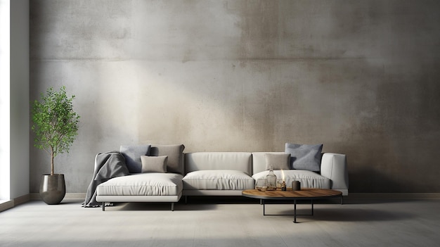 Wygodna szara narożnikowa sofa w pokoju z betonową ścianą