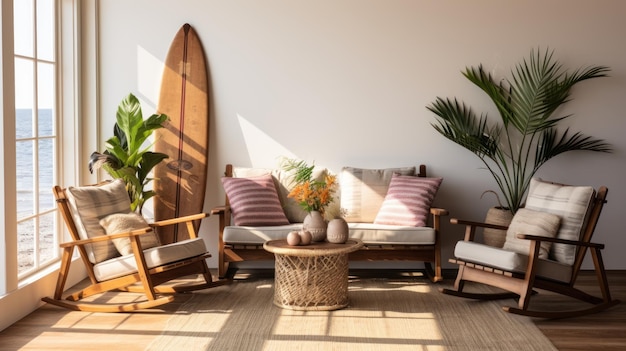Wygodne drewniane krzesła z poduszkami i koszem owoców na desce surfingowej w salonie