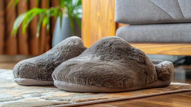 Wygodne futerkowe pantofle przygotowane w ciepłym salonie