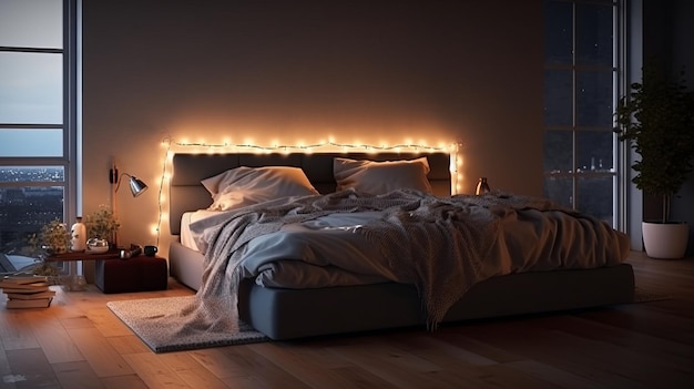 Wygodne łóżko w nowoczesnej sypialni miękko oświetlonej Generative ai