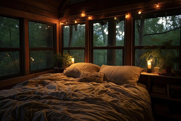 Wygodne łóżko z delikatną pościelą w dobrze oświetlonym pokoju