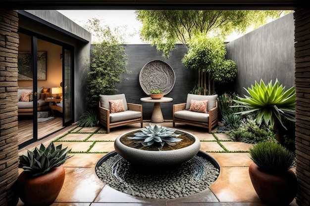 Wygodne nowoczesne patio z wygodnymi meblami ogrodowymi i fontanną stworzoną za pomocą generatywnej sztucznej inteligencji