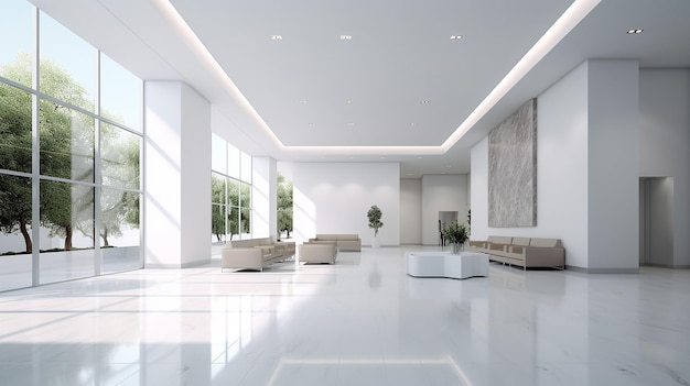 Wygodne wnętrze lobby biurowego z pustą białą ścianą i beżową sofą Generative AI