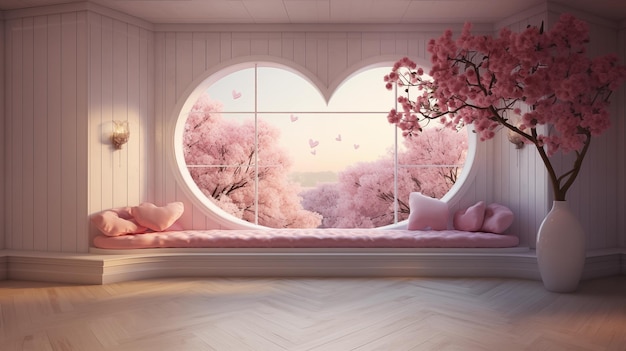 Zdjęcie wygodny i atrakcyjny pokój ozdobiony w romantyczny sposób z oknem w kształcie serca