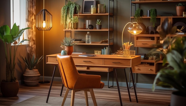 Wygodny nowoczesny salon z elegancką drewnianą podłogą wygenerowaną przez AI