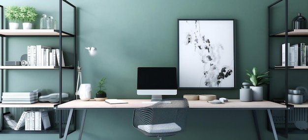 Wygodny wystrój biura z zieloną ścianą, idealny do produktywnej pracy