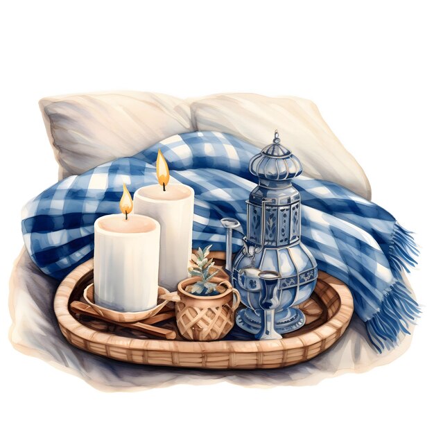 Zdjęcie wyizolowany na białym tle koszyk wioskowy świece i czajnik do herbaty otoczony poduszkami i szalem hanukkah jako tradycyjne żydowskie święto
