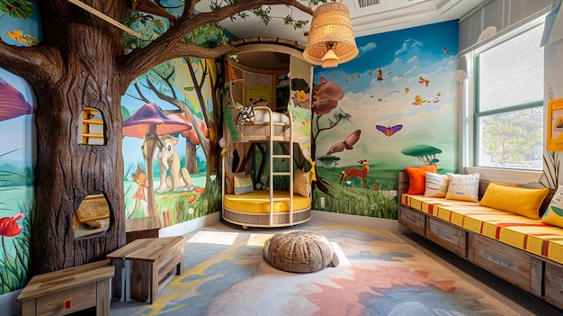 Zdjęcie wyjątkowa przestrzeń z drzewnym łóżkiem, tętniącymi życiem malowidłami na ścianie i zabawnym dekoracją, generative ai