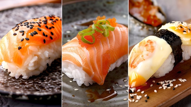 Wyjątkowa różnorodność sushi na eleganckich kamiennych talerzach doskonała do projektowania menu Sztuka kulinarna w kuchni japońskiej AI