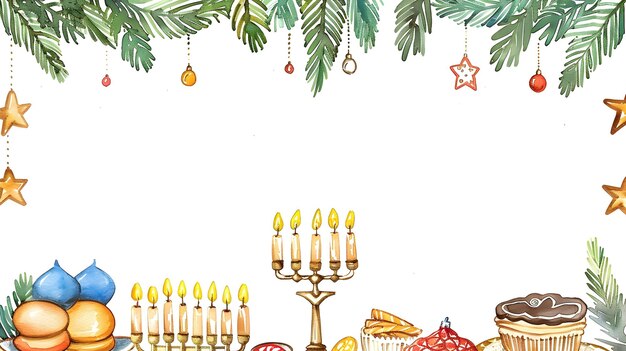 Zdjęcie wyjątkowa scena akwarelowa hanukkah z ramką doodle i tradycyjnymi przysmakami