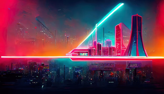 Wyjątkowa świecąca neonowa infrastruktura w futurystycznym mieście synthwave Generative Ai