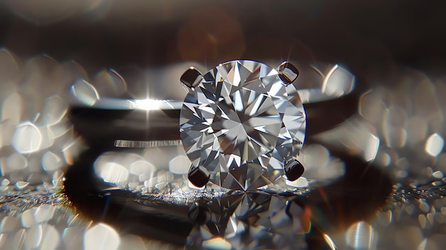 Zdjęcie wyjątkowe zbliżenie błyszczącego diamentowego pierścienia zaręczynowego z platynowym paskiem odbijającym światło na ciemnym tle