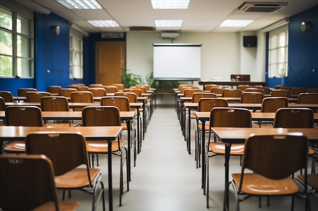 Wykład tajski w klasie prowadzony wśród krzeseł i stołów sprzyjających środowisku edukacyjnemu