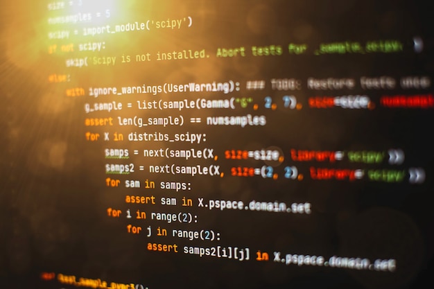 Wykorzystanie CSS, JavaScript i HTML. Monitoruj zbliżenie kodu źródłowego funkcji. Streszczenie tło technologii IT. Kod źródłowy oprogramowania.