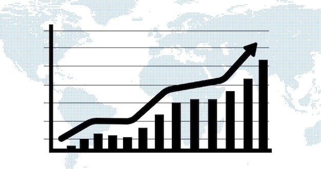 Zdjęcie wykres biznesowy pokazujący sukces biznesowy ze wzrostem strzałki z linią siatki i tłem mapy świata