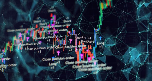Wykres cen technicznych i wskaźnik czerwony i zielony wykres świec na niebieskim ekranie tematu zmienność rynku w górę i w dół trend handlu akcjami kryptowalutami tło