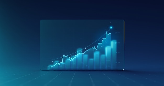 Wykres diagramu wykresu danych biznesowych i informacji finansowych raportu graficznego na tle futurystycznego ekranu finansów szklany ekran z szablonem infografikę gospodarki giełdowej.