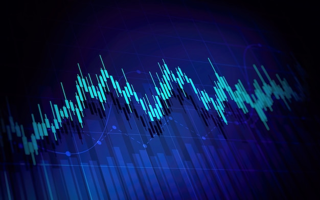Zdjęcie wykres finansowy z wykresem świecowym linii trendu na giełdzie na niebieskim tle