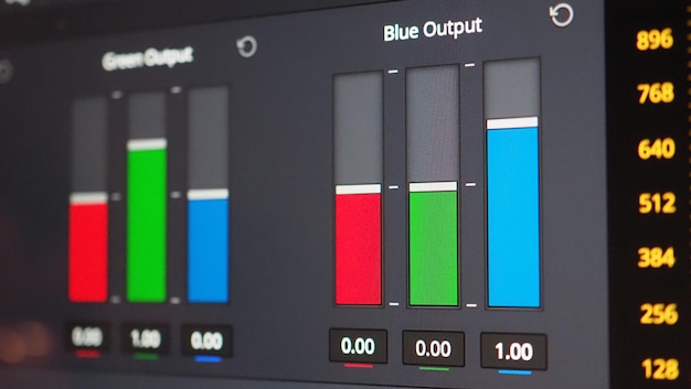 Wykres gradacji kolorów lub wskaźnik korekcji kolorów RGB na monitorze w procesie postprodukcji. Etap telecine w obróbce produkcji wideo lub filmowej. do edycji kolorystycznej lub dostosowania koloru w filmie cyfrowym.