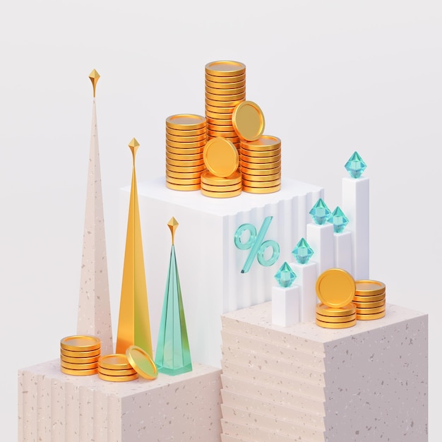 Wykres kolumnowy i wykres piramidalny ze złotymi monetami Ilustracja finansów biznesu i marketingu