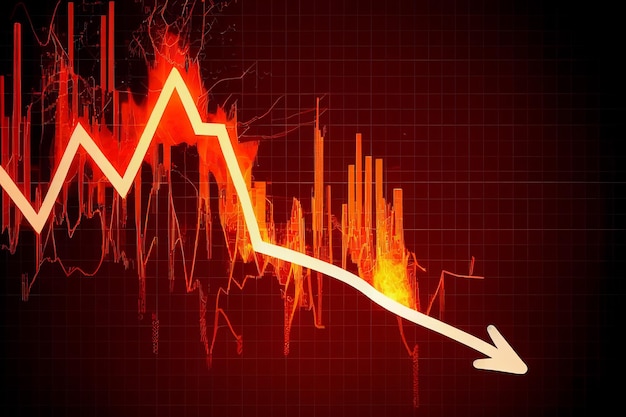 Wykres Rynku Finansowego Trend Spadkowy Czerwona Strzałka W Dół Z Eksplozją Ognia Z Inwestycji W Sytuacji Kryzysowej Wygenerowała Ai