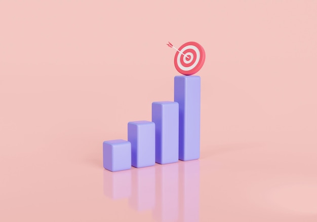 Wykres słupkowy z celem na różowym tle Koncepcja celu biznesowego Wzrost finansowy osiąganie celów i osiąganie celów Pomyślny rozwój Ikona 3D render ilustracja kreskówka minimalistyczny styl