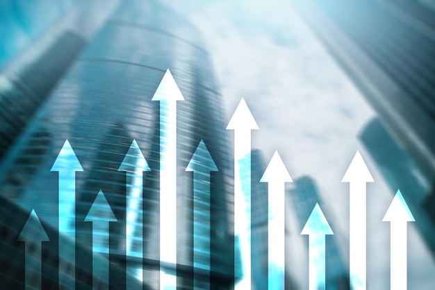 Wykres strzałki w górę na tle wieżowca Koncepcja inwestycji i wzrostu finansowego