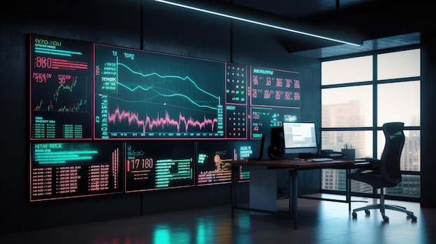 Wykres wzrostu giełdy finansowy wykres neonowy na ekranie w nowoczesnym biurze Ai banner
