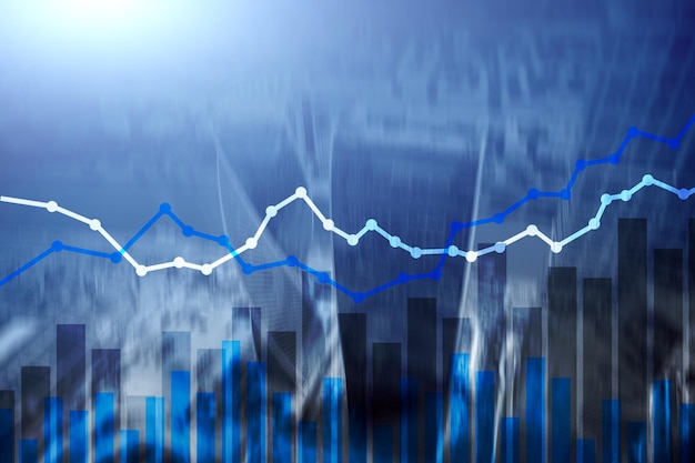 Wykresy i diagramy finansowe z podwójną ekspozycją Tło miasta