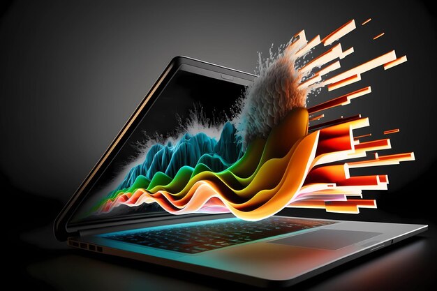 Zdjęcie wykresy wybuchające z ekranu laptopa reprezentujące sukces i wzrost dla biznesu lub finansów