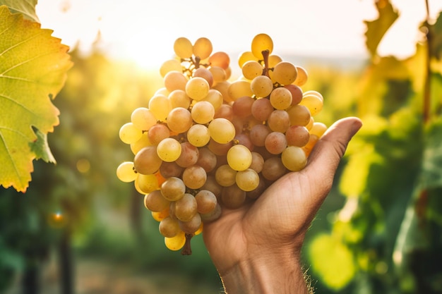 Wykwalifikowana ręka pracownika winnicy ostrożnie zbiera dojrzałe winogrona, uchwyciwszy esencję obfitej winnicy generowanej przez Ai