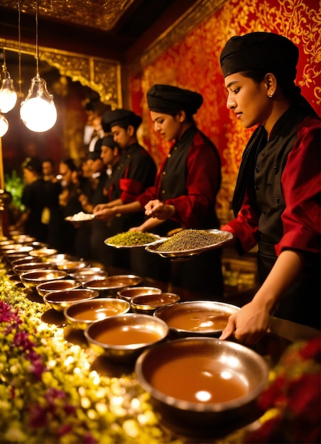 Wykwalifikowani kelnerzy nalewają herbatę chai z jednego kubka do drugiego w teatralny sposób, oferując mesmeri